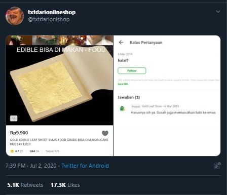 Tanya Emas Edible Halal atau Tidak, Jawaban Penjual Ini Malah Bikin Ngakak. (Twitter/@txtdarionlshop)