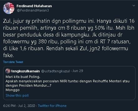 Ferdinand tanggapi hasil jajak pendapat buatan Tengku Zul. (FerdinandHaean3)