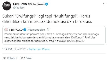 Fadli Zon soal dwifungsi polisi (Twitter/fadlizon)