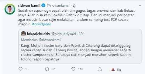 Cuitan Ridwan Kamil soal kasus Covid-19 di pabrik di Cikarang (Twitter).