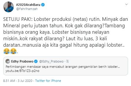 Fahri Hamzah dukung ekspor benih lobster (Twitter).