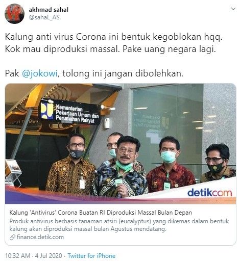 Gus Sahal soal kalung antivirus covid-19 (Twitter/sahal_as)