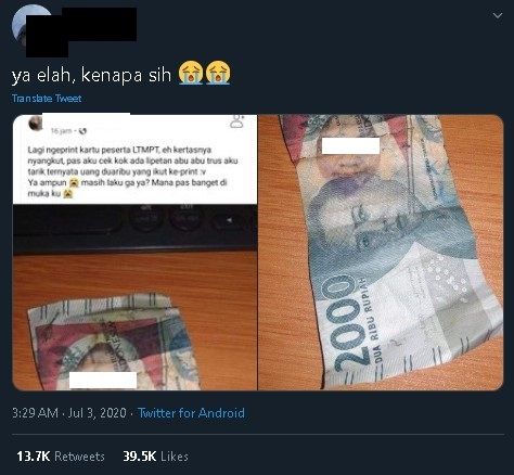 Warganet salah cetak kartu ke uang kertas. (Twitter)