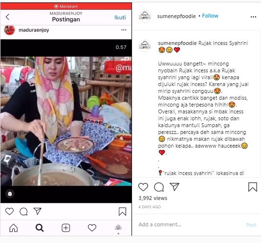 Viral! Wajahnya Mirip Syahrini, Penjual Rujak Ini Mendadak Ramai Pembeli. (Instagram/@maduraenjoy/@sumenepfoodie)