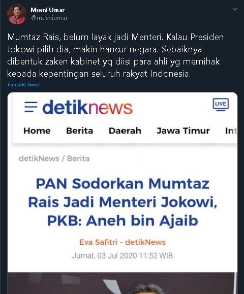 Musni Umar tanggapi soal kabar anak Amien Rais disodorkan menjadi menteri. (Twitter/@musniumar)