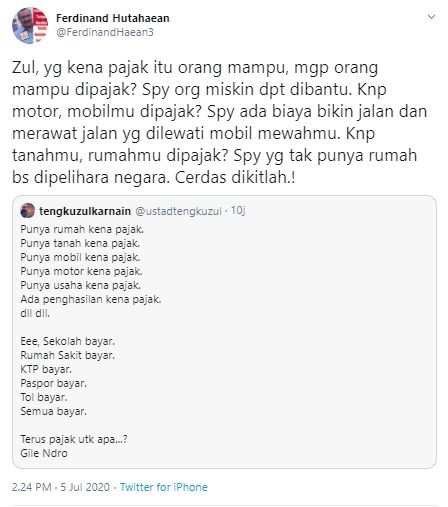 Komentar pedas Ferdinand Hutahaean kepada Tengku Zul (Twitter).