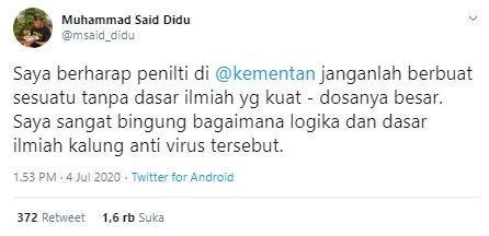 Said Didu ragukan klaim kalung antivirus corona (Twitter).