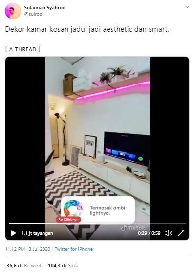 Viral warganet rombak kamar jadi smartkos (Twitter).