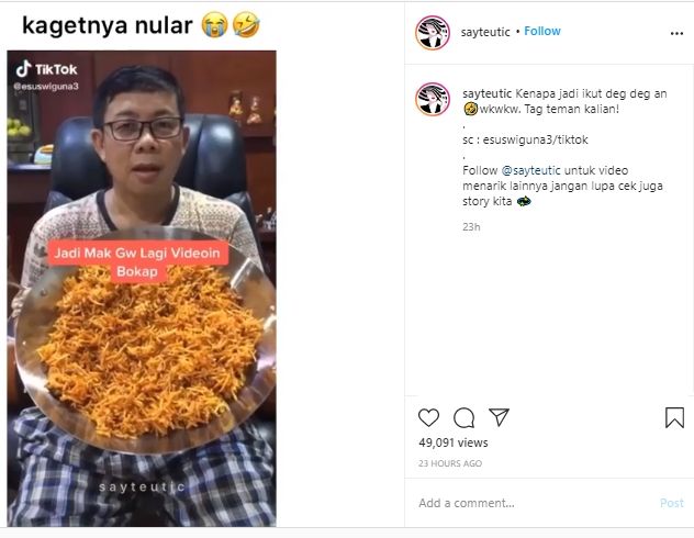 Kaget Pas Makanannya Melorot, Ekspresi Kocak Bapak-bapak Ini Bikin Ngakak. (Instagram/@sayutetic)