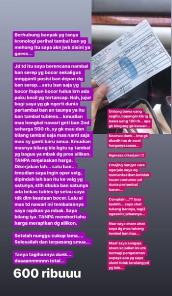 Cerita warganet nambal ban habis Rp 600 ribu (Instagram).