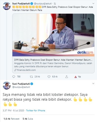 Cuitan Susi Pudjiastuti soal sindiran ekspor benih lobster (Twitter).