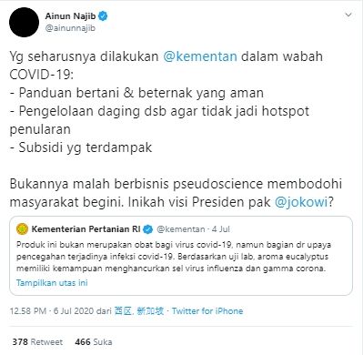 Ainun Najib melayangkan kritik untuk Kementan (Twitter).