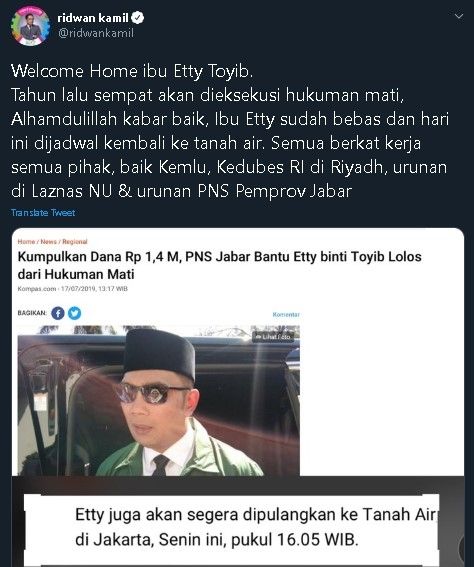 Cuitan Ridwan Kamil soal terbebasnya Etty binti Toyib dari hukuman mati. (Twitter/@ridwankamil)