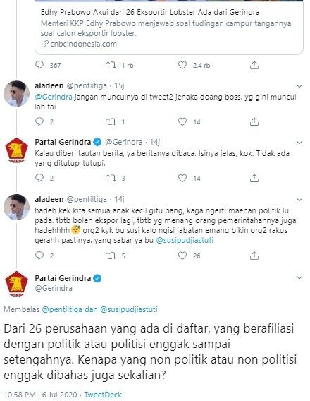 Partai Gerindra 'ngegas' disindir kadernya jadi eksportir lobster (Twitter/gerindra)