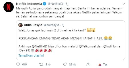 Netflix beri selamat warganet yang konsisten bertanya kapan Netflix bisa diakses pakai Telkom (Twitter).