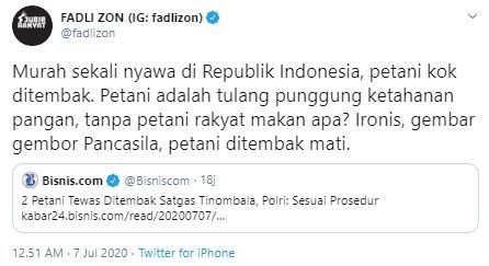 Fadli Zon kritisi penembakan dua petani di Poso (Twitter/fadlizon)