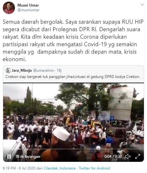 Musni Umar minta RUU HIP dicabut dari Prolegnas (Twitter/musniumar)