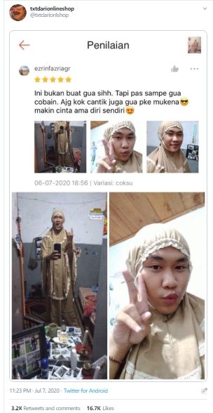 Viral pria mencoba mukena. (Twitter/@txtdarionlineshop)