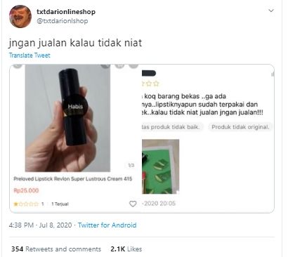 Marah-marah beli lipstik preloved. (Twitter/@txtdarionlineshop)