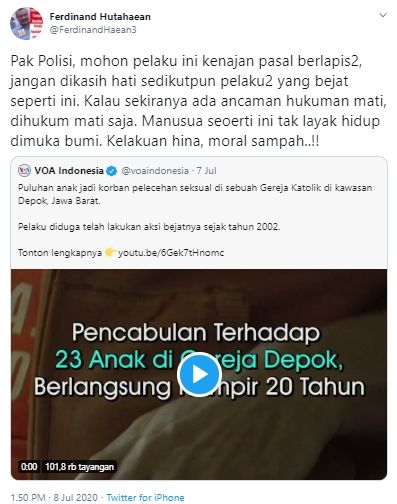 Ferdinand minta pelaku pelecehan dihukum mati (Twitter).