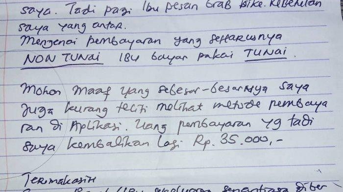 Ojol kirim surat kembalikan uang konsumen (ist)