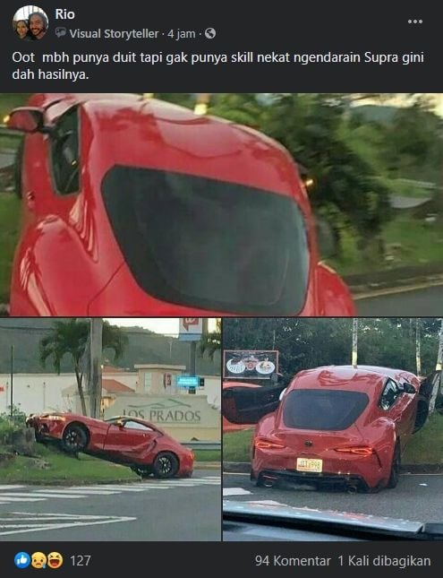 Toyota Supra keluaran terbaru yang mengalami kecelakaan. (Facebook/Rio)