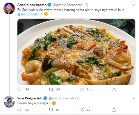 Chef Arnold ajak Susi Pudjiastuti masak bareng (Twitter/arnoldpoernomo)