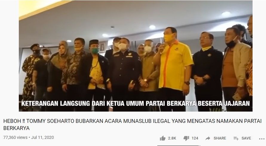 Tommy Soeharto geruduk Munaslub ilegal Partai Berkarya (YouTube/MacanIdealis)