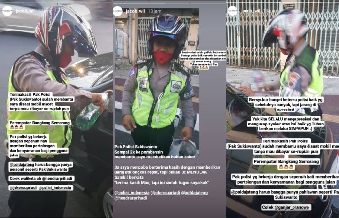 Polisi Sukiswanto membantu pengendara belikan bensin.(Instagram)