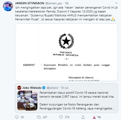 Jansen ingatkan Jokowi agar tak salahkan Pemda (Twitter).