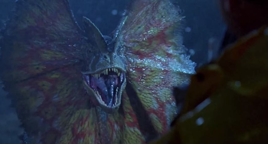 Di film, Dilophosaurus digambarkan sebagai hewan reptil mirip kadal dengan ludah beracun. (YouTube/ Liam Jacobs)