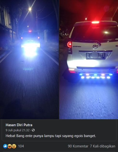 Viral Avanza dengan lampu menyilaukan. (Facebook/Hasan Diri Putra)