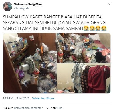 Kamar kos penuh sampah menggunung (Twitter).