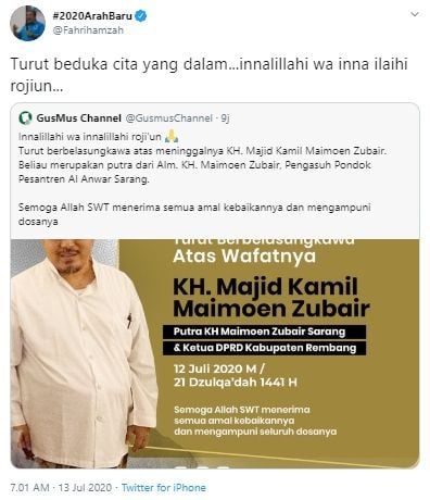 Fahri Hamzah berduka atas wafatnya Gus Kamil (Twitter).