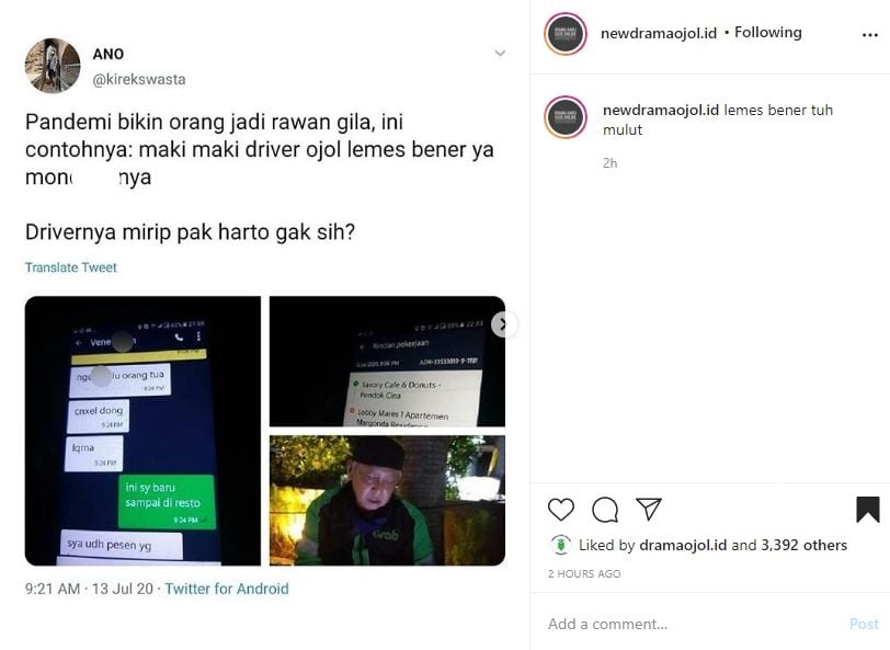 Viral pelanggan memaki ojol tua. (Instagram)