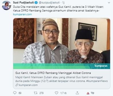 Susi Pudjiastuti berduka atas waftanya Gus Kamil (Twitter).