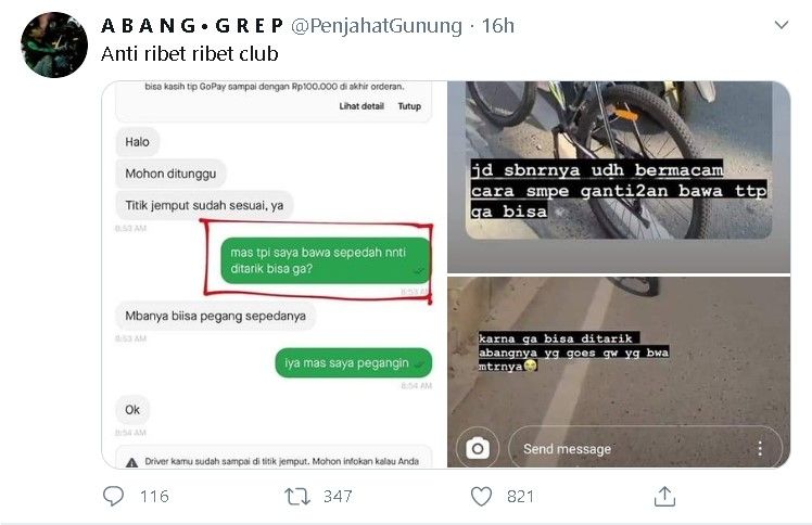 Foto viral pemesan ojol bawa sepeda - (Twitter/@PenjahatGunung)