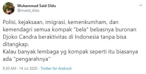 Komentar Said Didu soal Djoko Tjandra (twitter/msaid_didu)