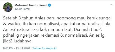 Guntur Romli menyoroti reklamasi Ancol (Twitter/gunromli)