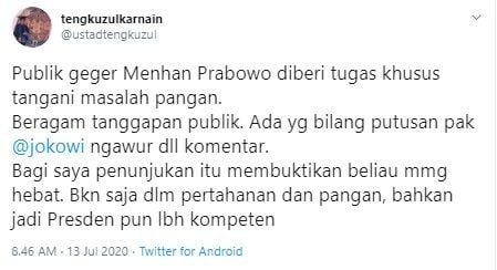 Komentar Tengku Zul soal Prabowo pimpin proyek Food Estate (Twitter/ustadtengkuzul)