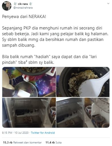 Kondisi rumah kontrakan penuh sampah (Twitter).