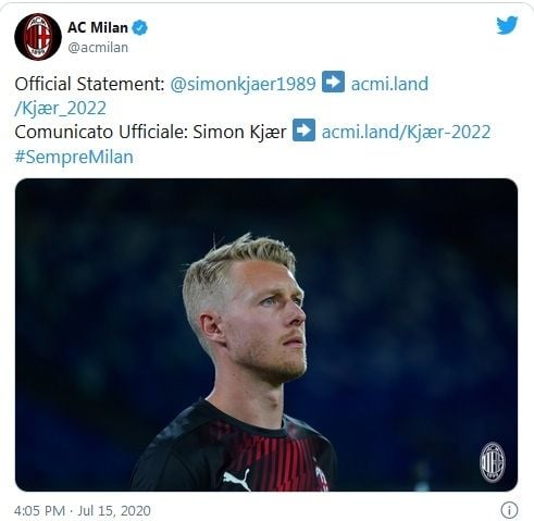 Kapten timnas Denmark Simon Kjaer. [Twitter@acmilan]