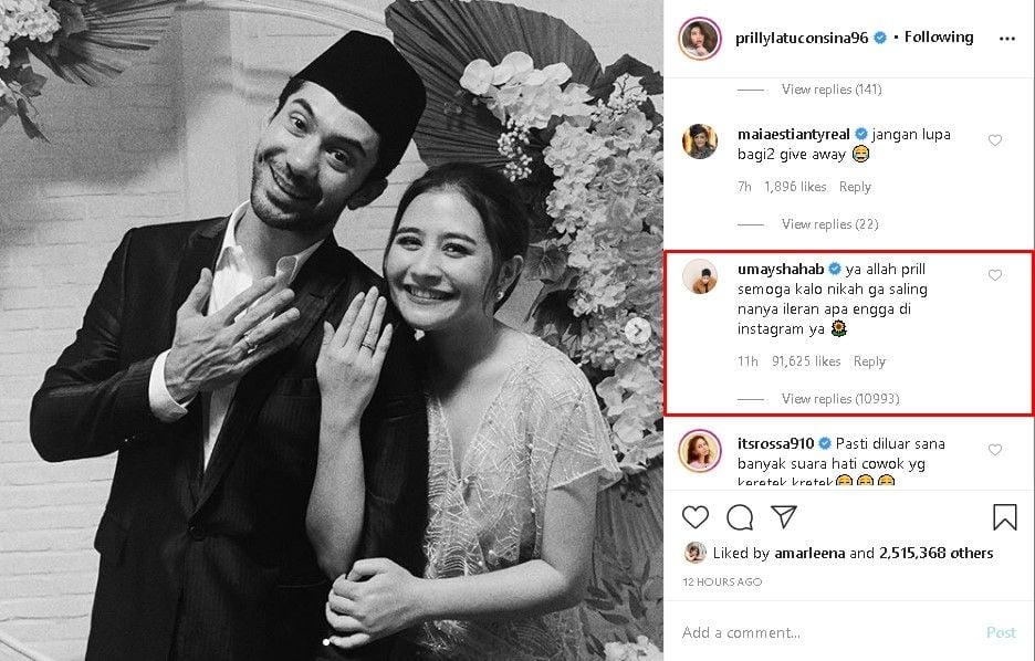 Komentar Umay di foto Prilly Latuconsina dan Reza Rahadian - (Instagram/@prillylatuconsina96)