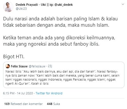 Dedek Uki peringatkan Felix Siauw (Twitter).