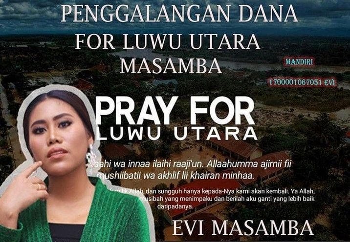 Evi Masamba melakukan penggalangan dana untuk korban banjir di Luwu Utara, Masamba. [Instagram]