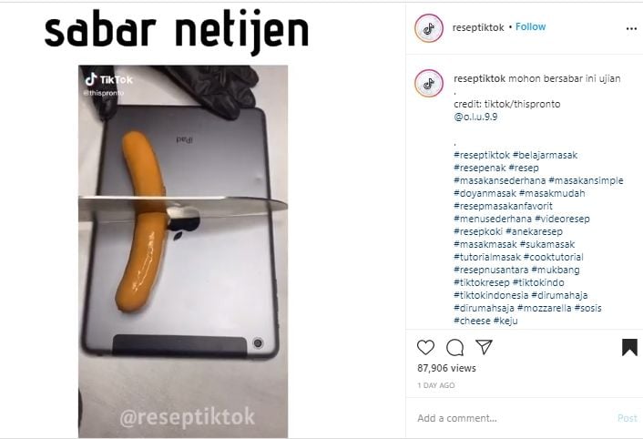 Bikin Jiwa Misqueen Meronta, Pria Ini Potong Makanan Pakai Beralaskan iPad. (Instagram/@reseptiktok)