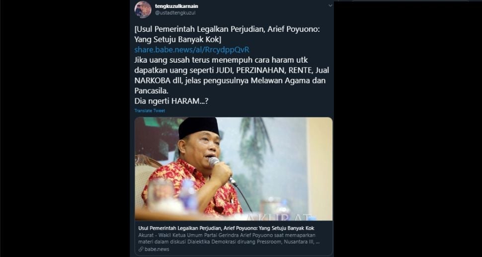 Cuitan Ustaz Tengku Zul menentang usulan Arief Poyuono soal legalisasi judi. (Twitter/@ustadtengkuzul)