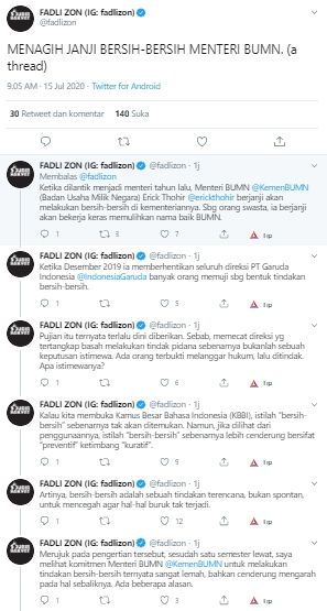 Fadli Zon tagih janji Menteri BUMN (Twitter).