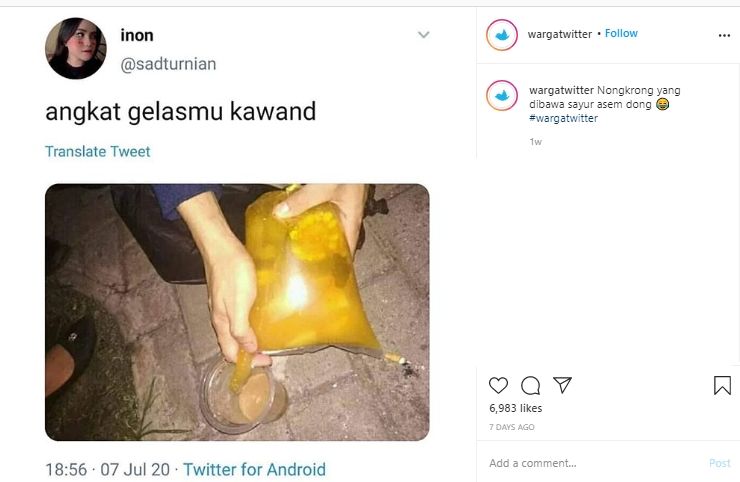  Nongkrong, Gokilnya Orang Ini Tuang Sayur Asem ke Gelas Layaknya Minuman. (Instagram/@wargatwitter)