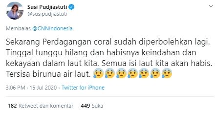 Susi Pudjiastuti protes soal perdagangan coral (Twitter).